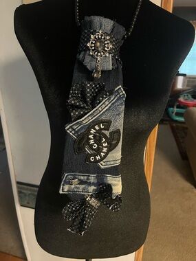 Embellished Denim Scarf in Blue and Black by